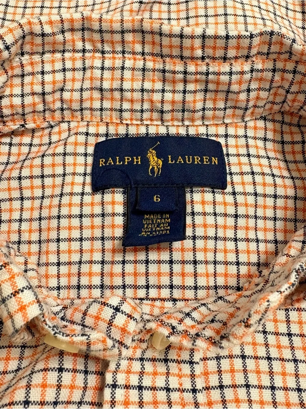 Polo Ralph Lauren Boys Size 6 Plaid Button Down Shirt Orange Blue Tattersall
